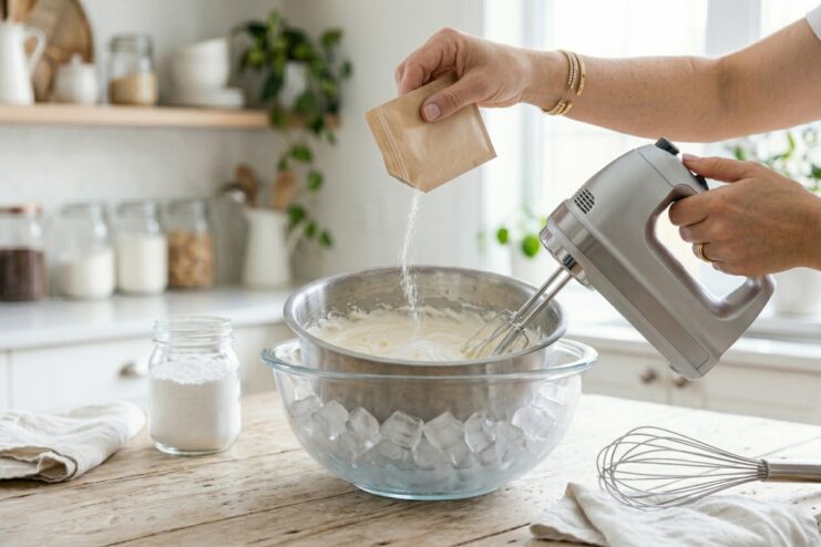 Adding commercial thickener to whipped cream Baker pouring powdered thickener from a small packet into a mixing bowl containing partially whipped heavy cream