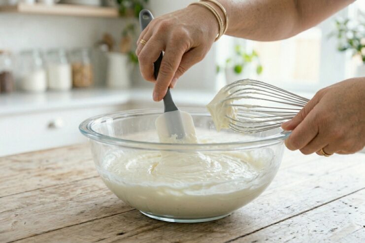 Fixing split and over-whipped cream Pastry chef gently folding separated, grainy whipped cream with a red silicone spatula inside a glass mixing bowl