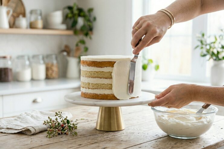 Coating a cake with stable frosting Pastry chef using a metal offset spatula to apply and smooth thick white frosting onto the sides of a tall cake
