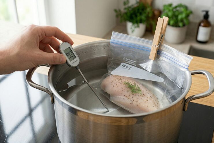 Monitoring water temperature with a kitchen probe thermometer Measuring the water temperature with a probe thermometer while cooking a chicken breast inside a plastic bag