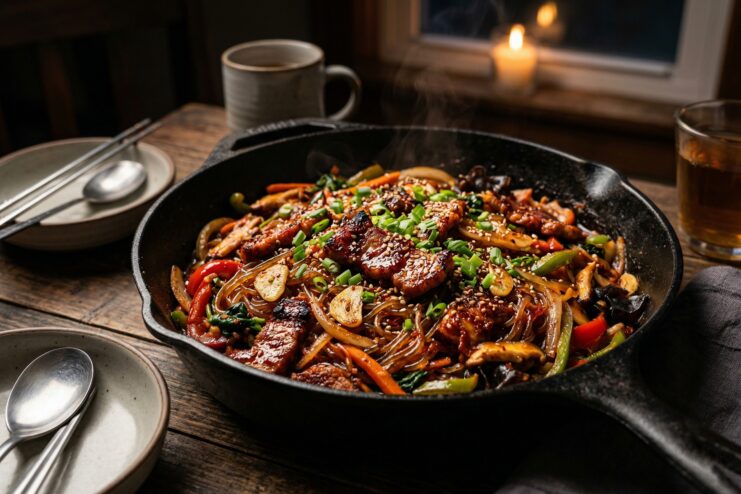 Appetizing Korean dish with pork and noodles Korean pork dish with glass noodles and vegetables in a skillet