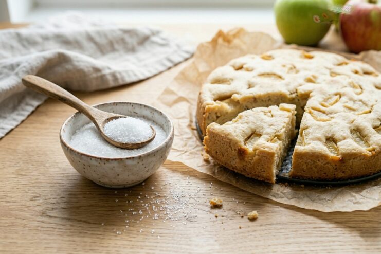 Crystalline Sweetener With Baked Apple Cake Bowl of crystalline sugar substitute placed next to a sliced homemade apple sponge cake