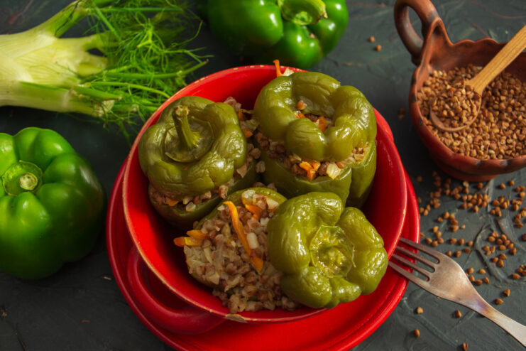 Stuffed pepper cut in half Close-up of a halved stuffed pepper revealing the rich buckwheat filling