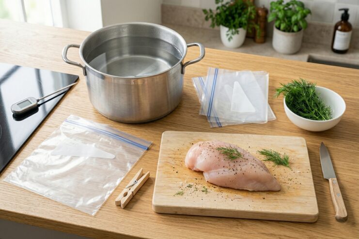Minimal setup for cooking sous-vide at home Raw chicken breast, heavy-duty zip-top bags, and a spacious cooking pot on a kitchen counter