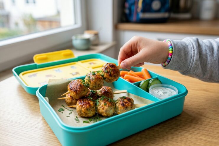 Juicy meatballs for school Chicken meatballs on wooden skewers inside a lunchbox