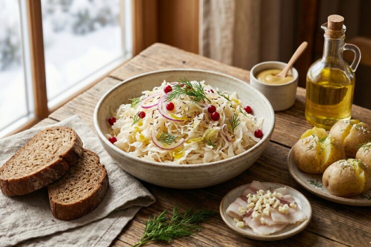 Sauerkraut As A Probiotic Source Bowl of traditional fermented cabbage with cranberries next to sliced bread and boiled potatoes
