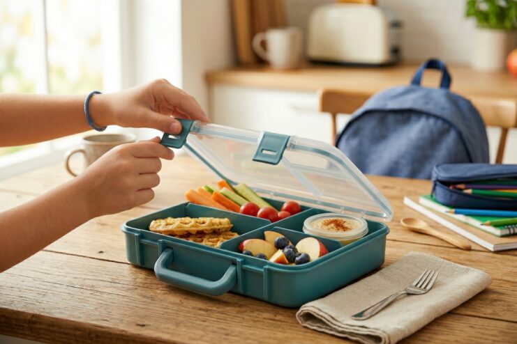 Ideal container for a school lunch Sectioned lunchbox filled with a variety of snacks