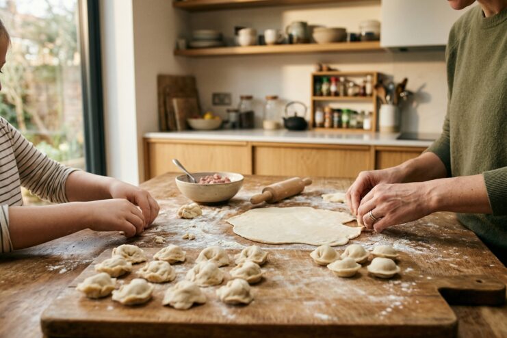 A mother and her child happily shaping homemade pelmeni together in a cozy kitchen