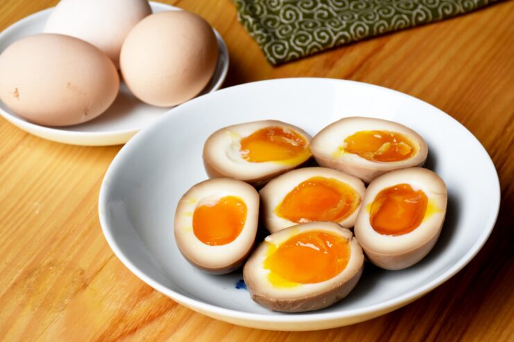 Perfect ajitama egg Marinated ajitama eggs featuring a creamy orange yolk for Japanese soup