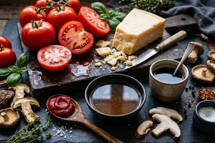 Set of umami-rich foods: ripe tomatoes, Parmesan cheese, dried mushrooms, and soy sauce.