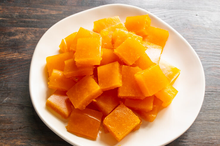 Finished Apricot Dessert Sliced apricot jelly squares arranged on a white plate