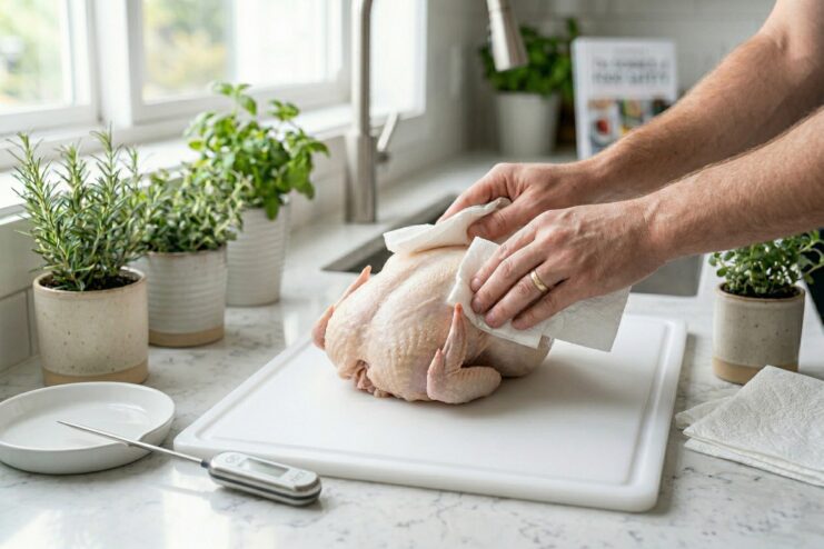 Drying Raw Chicken With Paper Towels Hands patting raw chicken dry with a paper towel on a cutting board