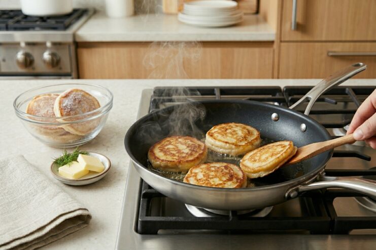 Reheating frozen syrniki and blini in a pan Frozen syrniki frying in a hot skillet to achieve a golden brown crust