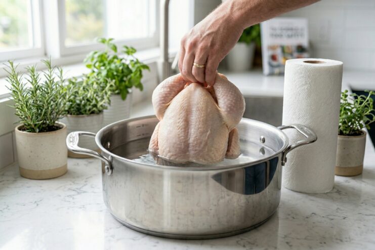 Submerging Farm Chicken In A Pot Of Water Whole raw chicken submerged in a large pot filled with water
