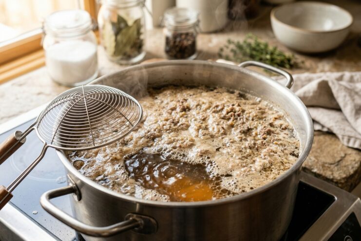 Clarifying Broth With a Raft Clarifying a cloudy broth using an egg white raft and slotted spoon