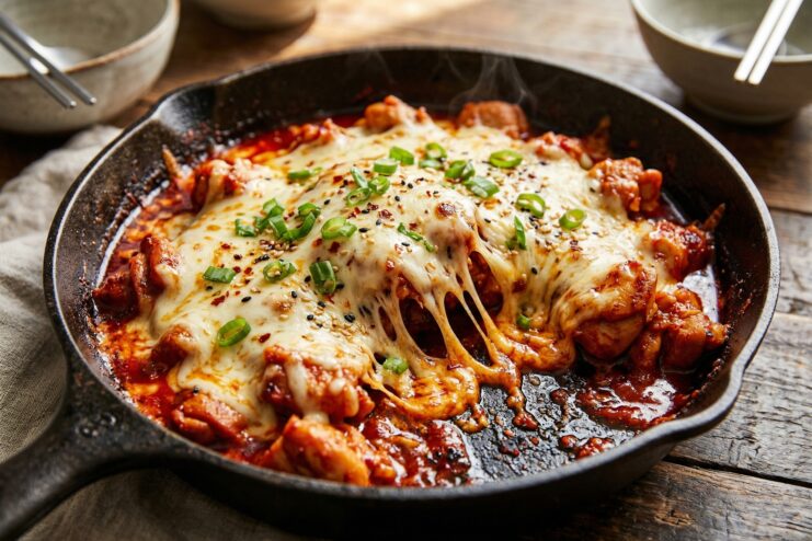 Korean fire chicken topped with melted cheese Spicy Korean buldak chicken covered under a layer of melted mozzarella cheese