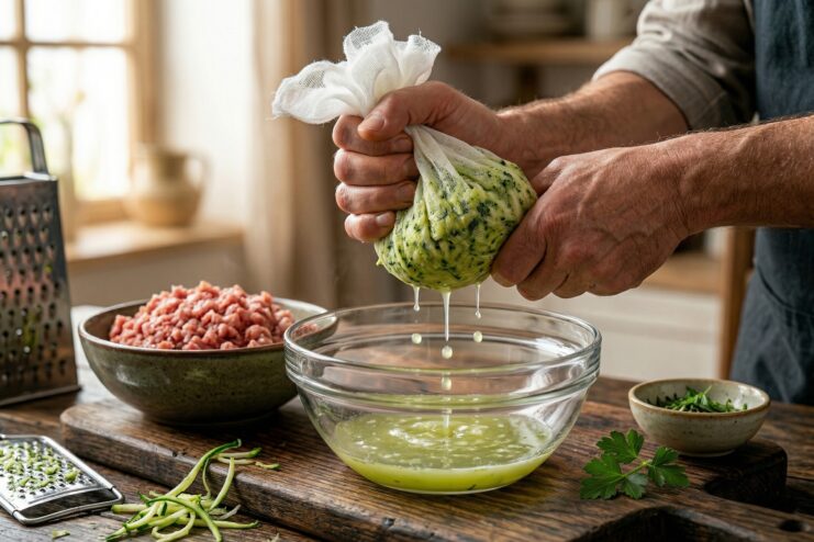Hands firmly squeezing excess moisture from grated zucchini through white cheesecloth