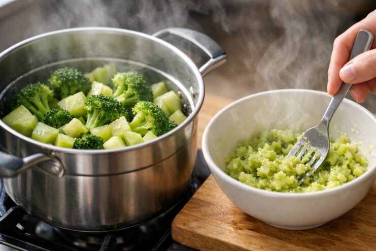 Boiled broccoli and zucchini in a pot alongside a bowl of mashed vegetable purée for starting solids