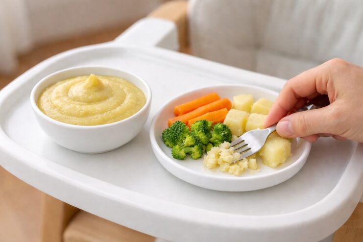 Highchair tray displaying vegetable purée and soft vegetable pieces while a parent mashes them with a fork