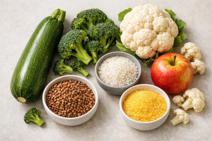 Starting solid foods ingredients on a table including zucchini, broccoli, cauliflower, an apple, and cereals