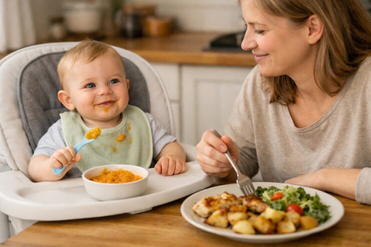 Baby sitting in a highchair eating vegetable purée with a spoon next to a parent at the dining table