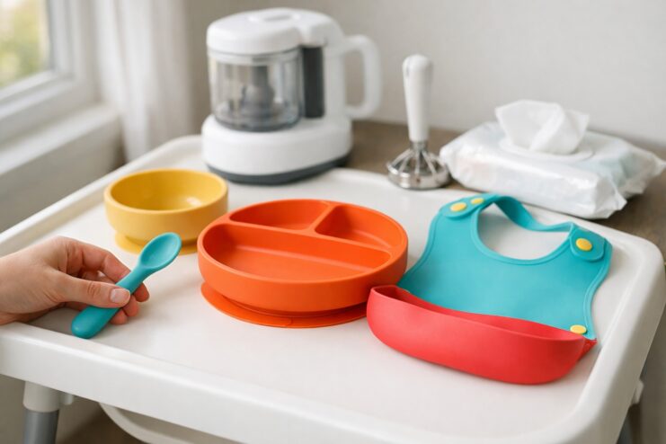 Baby tableware for starting solids on a highchair tray including a silicone plate, a pocket bib, and a spoon