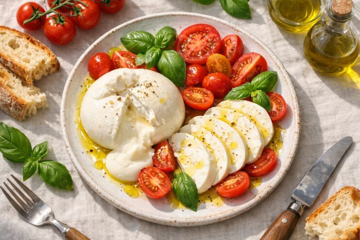 Fresh burrata and mozzarella served with heirloom tomatoes on a plate. Fresh burrata and mozzarella cheese on a plate with ripe tomatoes.
