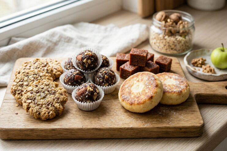 Healthy desserts without excess sugar Healthy sweets including energy balls, syrniki, and oat cookies