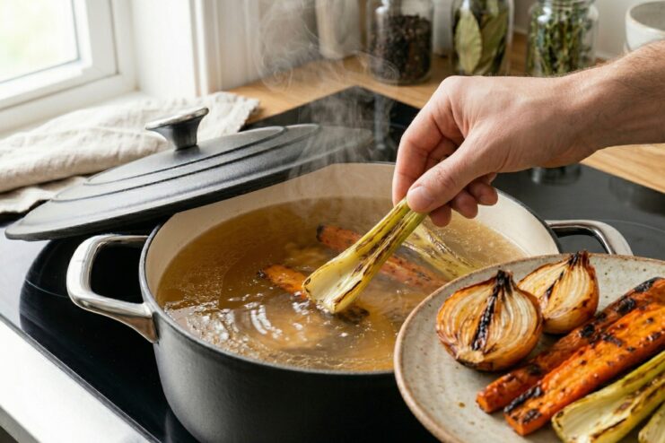 Adding Vegetables to Broth Chef adding roasted celery to a pot of cooking broth