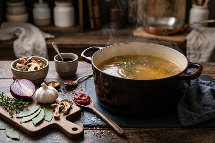 Cooking broth in a pot with the addition of tomatoes, mushrooms, and aromatic herbs.