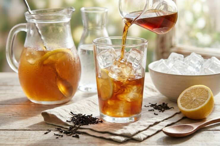 Rapid ice chilling method for tea Pouring strong tea concentrate into a tall glass filled to the brim with ice cubes