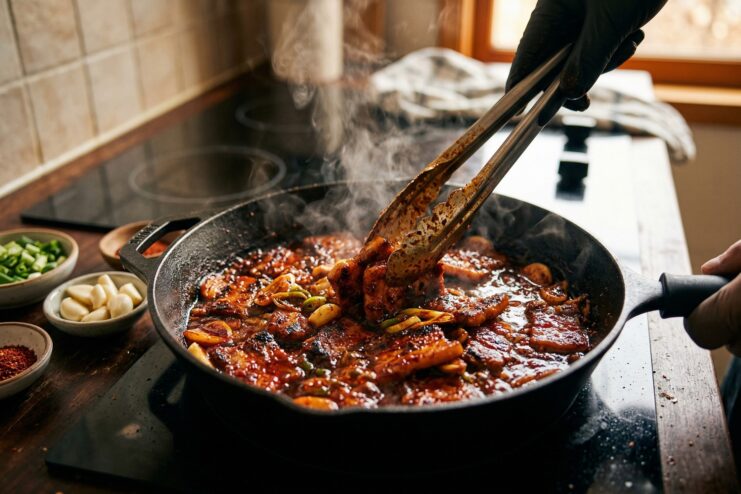 Cooking meat in a red gochujang marinade Sizzling meat cooking in a red Korean gochujang marinade inside a pan