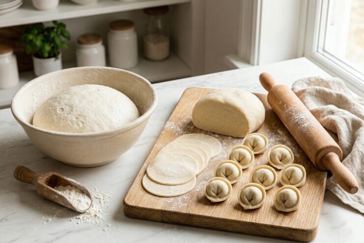 Making Homemade Pelmeni Dumplings Process of making dumplings with dough in a bowl, rolled circles, and shaped pelmeni.