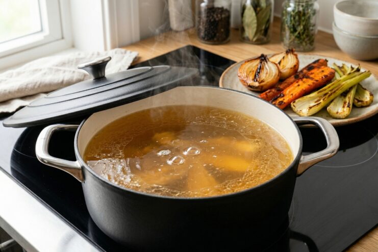 Gentle Simmering of Broth Broth with vegetables gently simmering in a pot on a stove