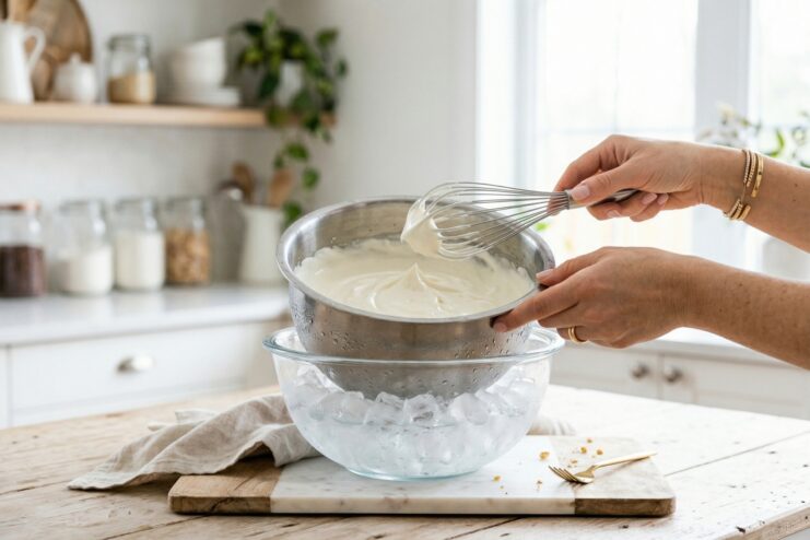 Chilling heavy cream over an ice bath Metal mixing bowl filled with heavy cream nested inside a larger glass bowl containing ice cubes for temperature control