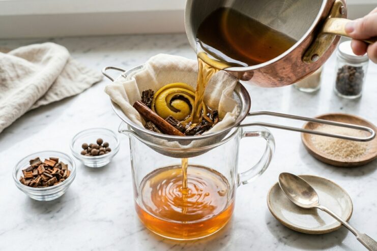 Straining Tonic Syrup Through Cheesecloth Straining tonic infusion through a sieve and cheesecloth into a glass pitcher
