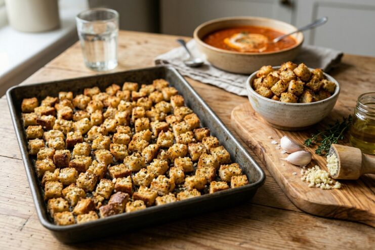 Baking sheet filled with golden garlic croutons placed next to a bowl of rich tomato soup.