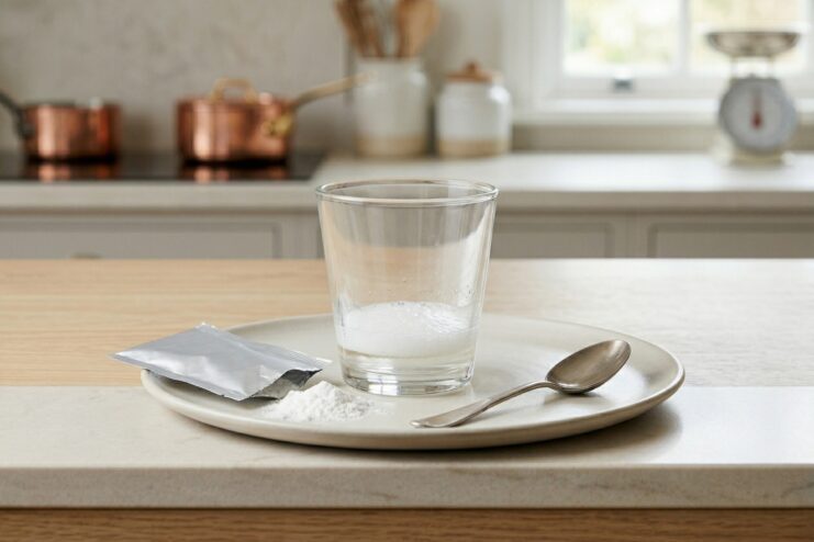 Baking Powder Freshness Test Baking powder reacting and bubbling actively in a glass of hot water