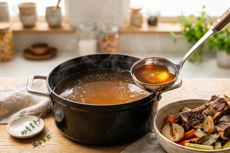 Perfectly Clear Beef Broth Clear beef broth in a metal ladle held over a pot
