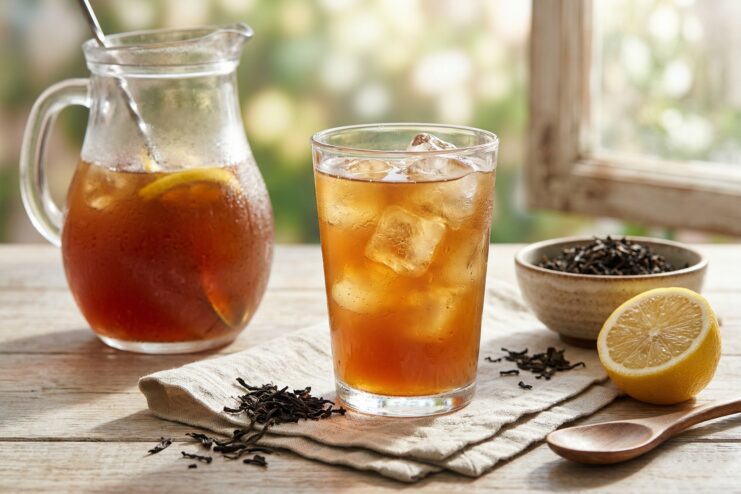 Perfectly transparent homemade iced tea Clear iced tea with ice cubes and lemon wedges in a glass on a wooden table