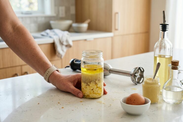 Failed homemade mayonnaise emulsion Separated homemade mayonnaise in a glass jar showing oil and flakes