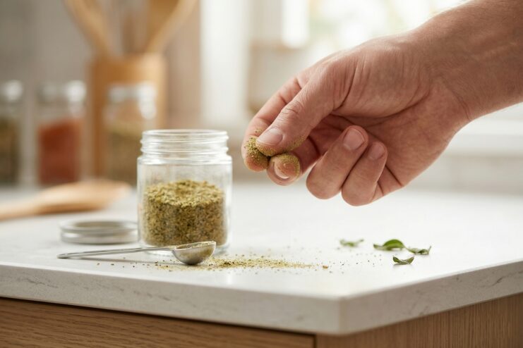 Spice freshness test Person rubbing dried spices between their fingers over a kitchen surface