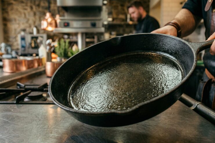 Visual signs of properly heated oil Vegetable oil in a cast iron skillet showing the correct shimmering texture when properly heated.