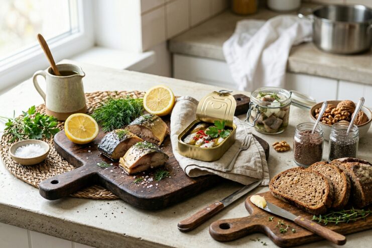 Foods rich in omega-3 fatty acids Various omega-3 sources including herring, mackerel, chia seeds, and walnuts on a table