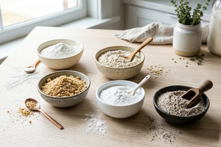Gluten-free flour blend ingredients Various types of gluten-free flour and starches in ceramic bowls on a table