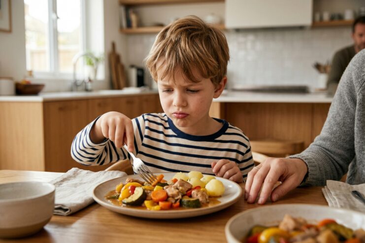 A child looking displeased at a plate filled with mixed vegetables and meat