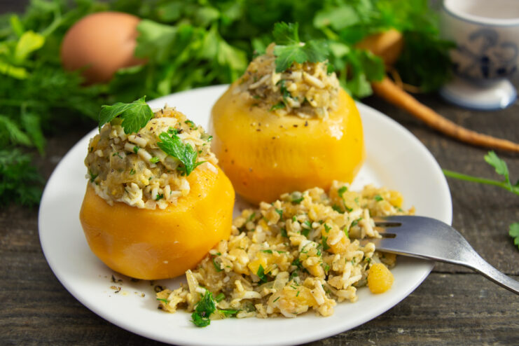 Stuffed turnips with egg and onion served on a plate