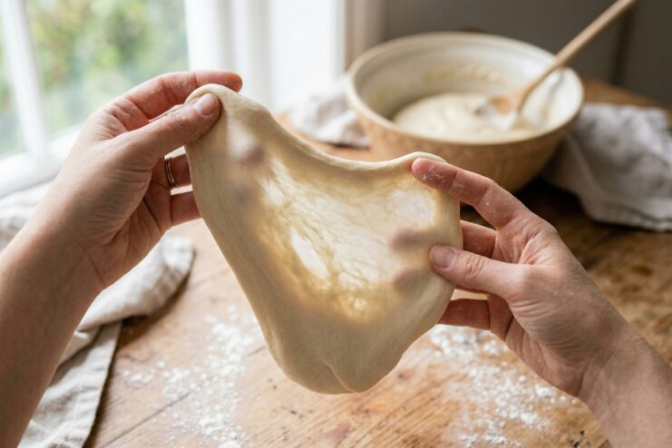 Dough Elasticity Windowpane Test Hands stretching elastic dough into a thin translucent film to demonstrate gluten strength.