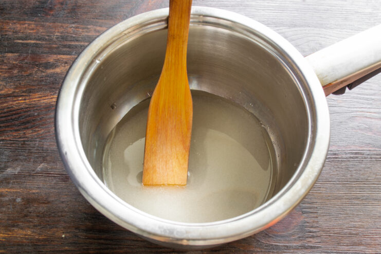 Making the Sugar Syrup Heating sugar and water in a saucepan to make syrup
