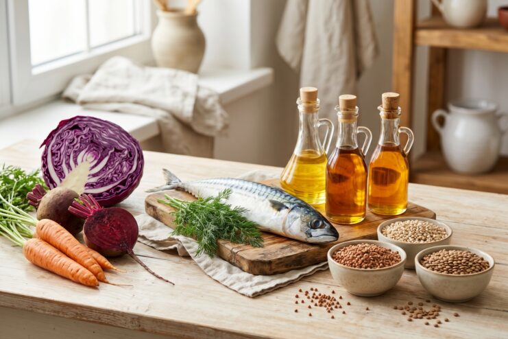 Basic Ingredients For A Russian Mediterranean Diet Mackerel fish, red cabbage, beets, and bottles of unrefined oil arranged on a kitchen counter